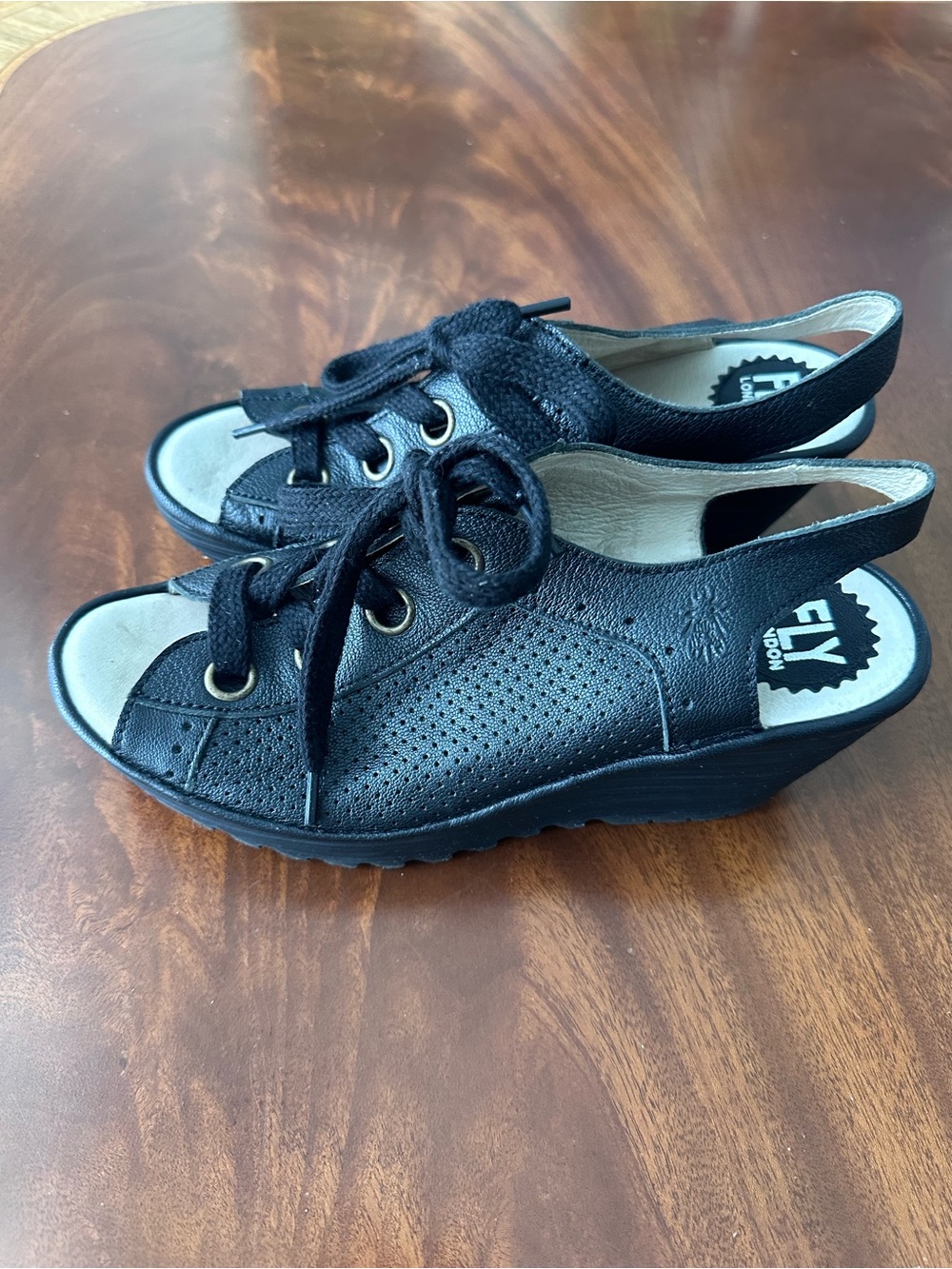 FLY London Leather Lace-Up Wedge Sandals Ylfa Black size 39 - Picture 3 of 5